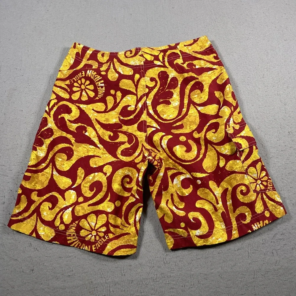 American Eagle Swim Shorts Men 31 Surf Board Trunks Floral Drawstring Mesh Y2K